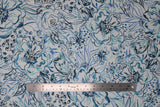Flat swatch Jade fabric (white fabric with large teal and blue floral head outlines and greenery drawings allover)