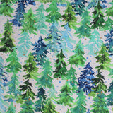 Square swatch Starflower Christmas: Trees fabric (white fabric with light and dark greens and teal/blues painted look style trees allover with coloured dot snow like marks)