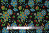 Flat swatch Black fabric (black fabric with large tossed beaded/bubble look floral and greenery allover in white, blues, yellow, orange, red)