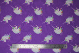 Flat swatch unicorns purple fabric (purple fabric with medium sized white unicorn heads with grey manes, pink purple and blue decorative floral with greenery)