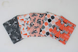 Fanned 5pc precuts in style "Baby Zoo" (grey with tossed cartoon style zebras, white with tossed orange, pink and grey triangles in various styles, pink with tossed cartoon style zebras, white with orange, pink, grey, black and white leaves with polka dots and stripes within, orange with tossed cartoon style zebras)