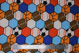 Flat swatch all star sports cotton flannel (hexagon tiled fabric with cartoon style sports ball graphics within: football, basketball, soccer ball, baseball, and coloured hexagons in between: white, light and dark blue, red)