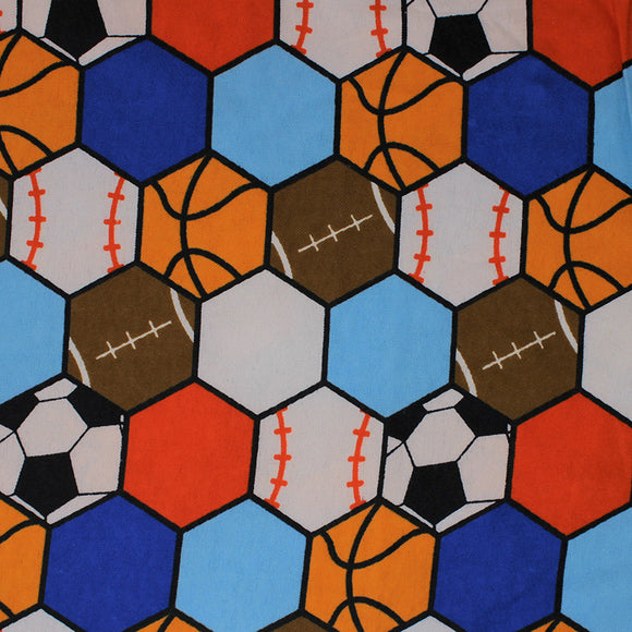 Square swatch all star sports cotton flannel (hexagon tiled fabric with cartoon style sports ball graphics within: football, basketball, soccer ball, baseball, and coloured hexagons in between: white, light and dark blue, red)