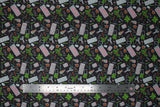 Flat swatch desk flat lay fabric (black fabric with tossed desk item graphics in various colours: keyboard, calculator, scissors, plants, coffee mug, etc.)