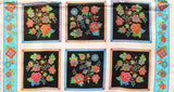 Full panel swatch - Beaded Panel (26" x 46") (natural coloured rectangular panel with two turquoise floral decal side bars and 6 black squares with floral appliques within in brightly coloured beaded/bubbled look style with orange and blue frames)