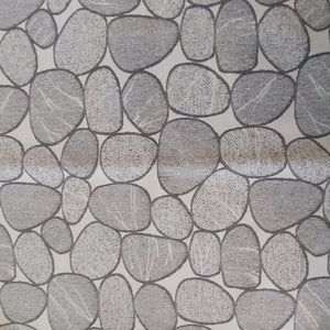 Square swatch white fabric with grey stacked/assorted pebbles print with thick grey outlines