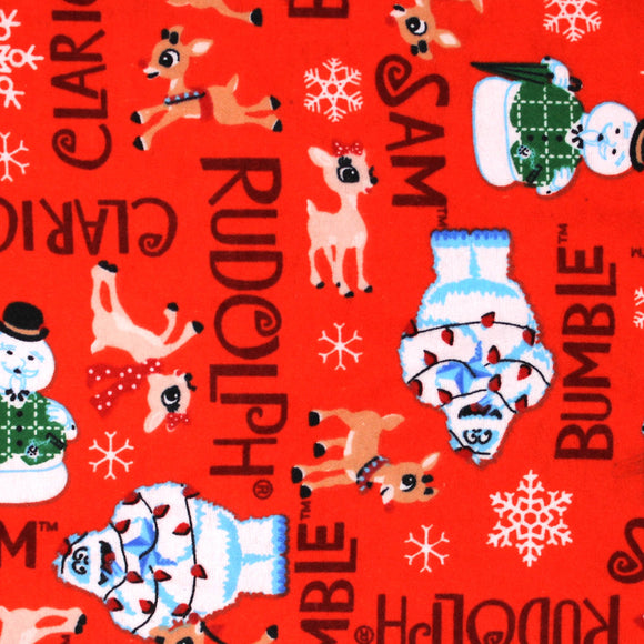 Square swatch Rudolf the Red Nosed Reindeer licensed print fabric on red