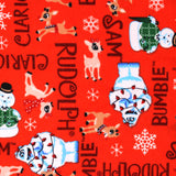 Square swatch Rudolf the Red Nosed Reindeer licensed print fabric on red