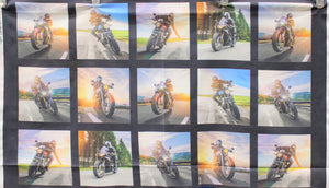 Group swatch assorted motorcycle printed fabrics in various styles/colours
