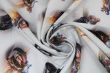 Swirled swatch motorcycle toss fabric (white fabric with tossed motorcycles and drivers alllover)