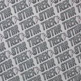 Square swatch star trek shield logo fabric (white fabric with repeated lines of "Star Trek" text in grey with subtle stripes within and ship logo between words)