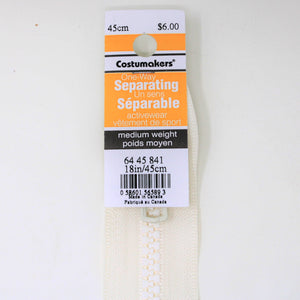 Group photo various medium weight one way separating activewear zippers with labels in various colours and sizes on white background