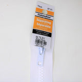 75cm medium weight one way separating activewear zipper with label in white