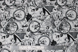 Flat swatch Nightmare Before Christmas themed fabric (white fabric with black NBC sketches Jack and Sally, Halloweentown, etc.)