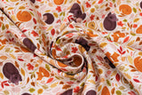 Swirled swatch Dark Cream fabric (cream fabric with collaged sleepy forest animals and red, orange, yellow and green fall leaves in various styles)
