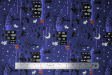 Flat swatch Night Blue fabric (dark purply blue fabric with subtle hills look and black cartoon castles, tossed small halloween friends: white ghosts and skulls, black cats and bats, orange jack-o-lanterns)