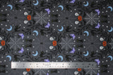 Flat swatch Grey Creatures fabric (medium grey fabric with ornate look Halloween design allover black vines/leaves and white and grey spider webs with tossed Halloween elements: black cats, orange jack-o-lanterns, white skulls, black bats, orange crescent moons, white stars, purple butterflies)