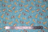 Flat swatch white woodland fabric (pale blue fabric with tossed woodland creatures, owls, racoons, bunnies, foxes and white snowflakes allover)