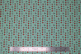 Flat swatch Minecraft (licensed) printed fabric in Minecraft icons (swords, hearts, etc. tiny print on light turquoise blue/green)