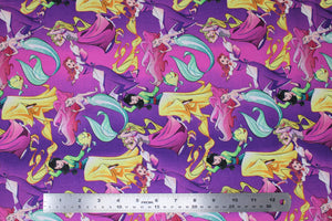 Square swatch Disney Princesses fabric (dark purple and pink marbled fabric with Disney princesses tossed allover)