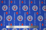 Flat swatch licensed Toronto Blue Jays printed fabric in cotton (blue with multi logo/text)