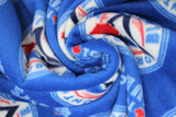 Swirled swatch licensed Toronto Blue Jays printed fabric in fleece (blue with large circular logo/text)