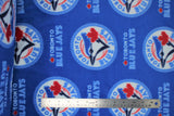Flat swatch licensed Toronto Blue Jays printed fabric in fleece (blue with large circular logo/text)