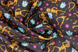 Swirled swatch tossed sugar droids fabric (black fabric with tossed small blue drawing style R2D2s and orange CEPOs with tossed orange and pink stars and flowers)