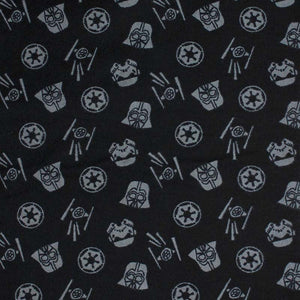 Square swatch Star Wars Two Tone fabric (black fabric with tossed grey elements allover: vader helmets, storm trooper helmets, ships, etc.)