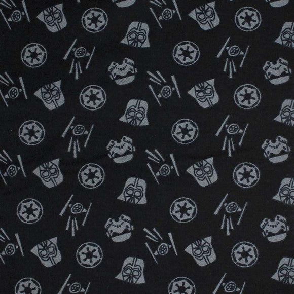 Square swatch Star Wars Two Tone fabric (black fabric with tossed grey elements allover: vader helmets, storm trooper helmets, ships, etc.)