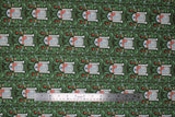 Flat swatch Xmas R2-D2 fabric (square badges of green with holly decor and r2 d2 character with scarf)