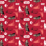 Square swatch Star Wars fabric (red fabric with Rey character and white/light red character silhouettes, movie logo and robot)