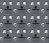 Square swatch Star Wars fabric (grey fabric with black stripe look and storm trooper helmets tossed. Text reading "Troopers" "Star Wars")