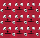 Square swatch Star Wars fabric (red fabric with black stripe look and storm trooper helmets tossed. Text reading "Troopers" "Star Wars")