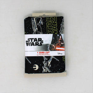 Group swatch assorted 1 Yard Pre-Cut Star Wars Fabrics in packaging on white background