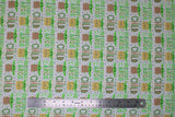 Flat swatch licensed Star Wars (The Child) printed fabric in Child Precious Cargo ("The Child" "Precious Cargo" texts and cartoon baby yoda on white)