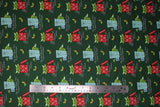 Flat swatch child small packages fabric (dark green fabric with green the child character in and around large red and blue christmas presents, tossed green and red hollies, white "Seasons Greetings" and "The best things come in small packages" text)