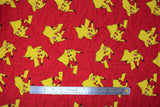 Flat swatch Pikachu Flannel fabric (bright red fabric with tossed coloured Pikachus allover in different poses and black lightning bolt outlines in background)