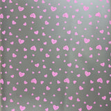 Square swatch grey reflective fabric with tiny pink heart doodles tossed allover