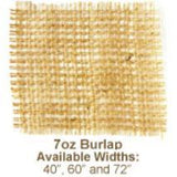 Swatch of loosely woven 7oz Burlap with label '7oz Burlap, Available Widths: 40", 60" and 72" '