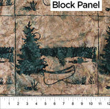 Hazelwood Block Panel (9") fabric swatch (beige/brown outdoor scene with green watercolour look gree and forest line with abstract canoe drawing)
