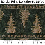 Trees Border fabric swatch (green marbled look fabric with alternating light brown beige trees right side up and up side down with small pinecone border)