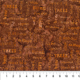 Words Sponge Toffee fabric swatch (deep orange marbled look fabric with tossed orange text allover in various directions relating to canoe lake theme "tent" "trees" etc.)