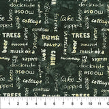 Words Dark Green fabric swatch (dark green marbled look fabric with tossed pale green/white text allover in various directions relating to canoe lake theme "tent" "trees" etc.)