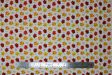 Flat swatch Maple Foliage fabric (white fabric with tossed maple leaves in yellow, orange and red shades with tossed sprigs)