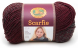A ball of Lion Brand Scarfie on white background in shade oxford claret (deep burgundy and dark grey colourway)