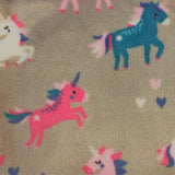 Square swatch fleece flannel (tan fabric with blue/pink/white cartoon unicorns and tossed hearts)