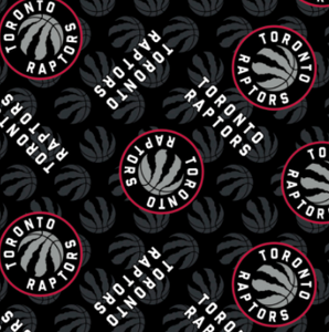 Square swatch Toronto Raptors fleece (black fabric with grey basketball logo tiled and team logo/text tiled on top) black/grey/red/white colourway