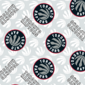 Square swatch Toronto Raptors cotton (white fabric with grey basketball logo tiled and team logo/text tiled on top) black/grey/red/white colourway