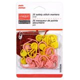 Set of 25 small plastic safety stitch markers (yellow and pink) in packaging